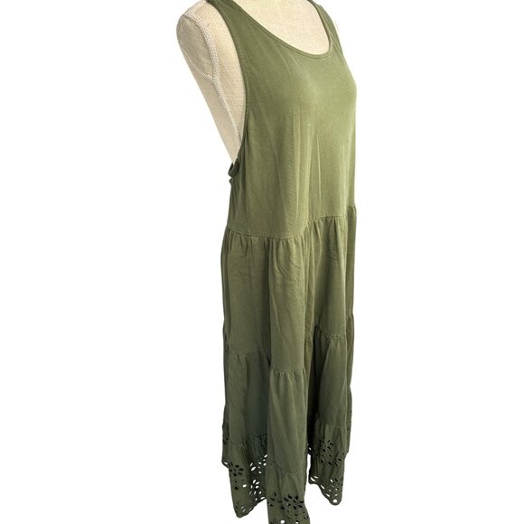 J.Crew Olive Green Sleeveless Tiered Midi Dress XL Eyelet Hem Cotton Made In Ind - Picture 3 of 9
